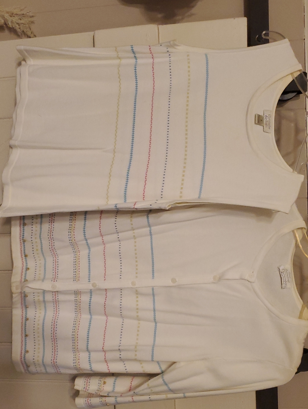 White Knit Two-Piece Top and Cardigan Set with Multicolor Stripes